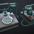 Two Classic Vintage Telephones With Rotary Dial Wooden Base And Black Cables