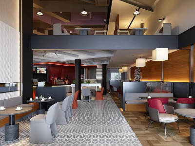 Modern Café Interior With Upper Level Seating Comfortable Chairs Geometric Floor And Hanging Lights 3d model
