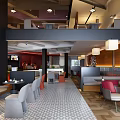 Modern Café Interior With Upper Level Seating Comfortable Chairs Geometric Floor And Hanging Lights