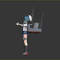 Anime Ship Girl Character With Teal Hair In Blue White Uniform Holding Weapon
