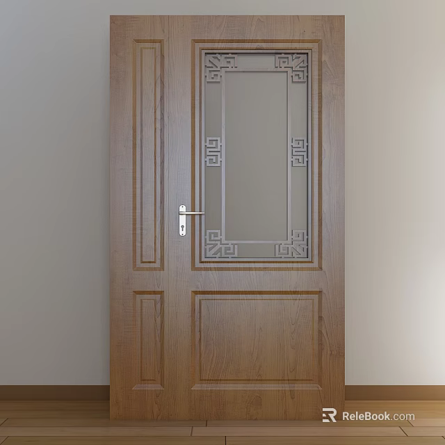 Elegant Wooden Double Door Featuring Carved Patterns Glass Panel and Silver Handle 3d model