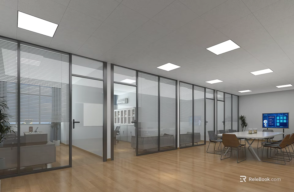 Modern Open Office Space With Glass Partitions Wooden Flooring Meeting Table Sofa And TV 3d model 