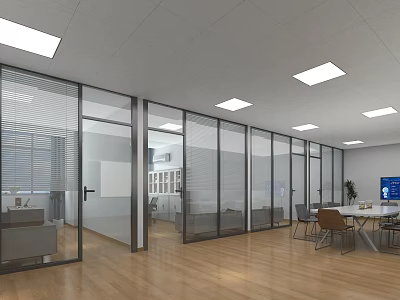 Modern Open Office Space With Glass Partitions Wooden Flooring Meeting Table Sofa And TV 3d model