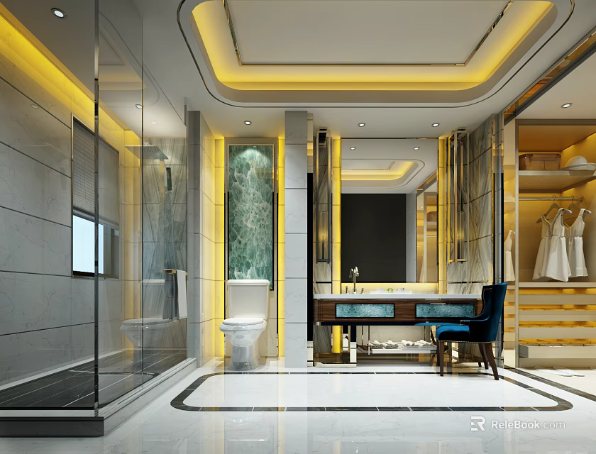 Elegant Spacious Luxury Modern Bathroom Interior With Marble Finishes And Warm Ambient Ceiling Lighting 3d model 