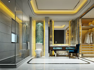 Elegant Spacious Luxury Modern Bathroom Interior With Marble Finishes And Warm Ambient Ceiling Lighting 3d model