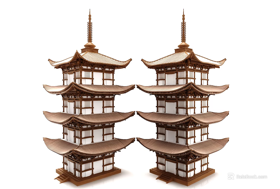 Traditional Twin Ancient Pagodas With Multi Layered Roof And Classic Design 3d model 