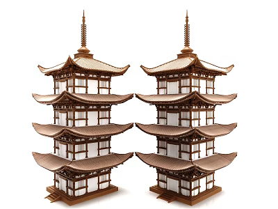 Traditional Twin Ancient Pagodas With Multi Layered Roof And Classic Design 3d model