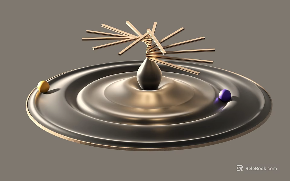 Metallic Table Lamp Featuring Circular Base Water Drop Column Radiating Metal Strips Yellow Purple Balls 3d model 