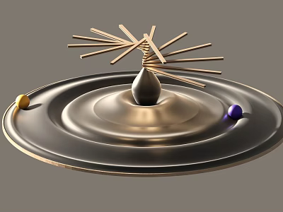 Metallic Table Lamp Featuring Circular Base Water Drop Column Radiating Metal Strips Yellow Purple Balls 3d model