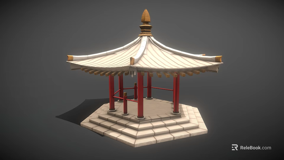 Chinese Traditional Pavilion With Red Pillars White Roof Golden Decorations And Stepped Base 3d model 