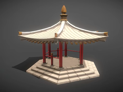 Chinese Traditional Pavilion With Red Pillars White Roof Golden Decorations And Stepped Base 3d model