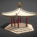 Chinese Traditional Pavilion With Red Pillars White Roof Golden Decorations And Stepped Base