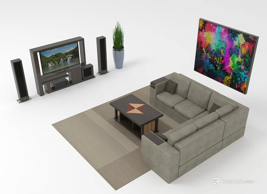 Modern Living Room Electronic Appliances Setup With TV Speakers Coffee Table And Sofa 3d model 