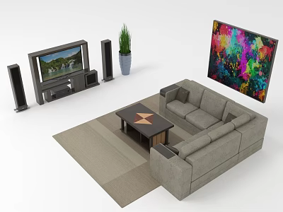 Modern Living Room Electronic Appliances Setup With TV Speakers Coffee Table And Sofa 3d model
