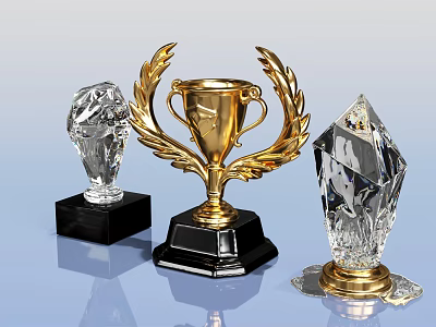 Elegant Decorative Ornament Set With Gold Trophy Crystal Pieces And Polished Bases 3d model