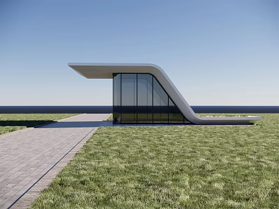 Modern Entrance Gate With Sleek Curved Roof Glass Panels Green Lawn Stone Pathway 3d model