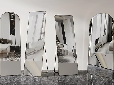 Four Full Length Mirrors Standing In A Row Reflecting Modern Living Room Interiors 3d model