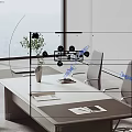 Modern Conference Table with Comfortable Chairs Notebooks Potted Plant and City View Through Large Windows