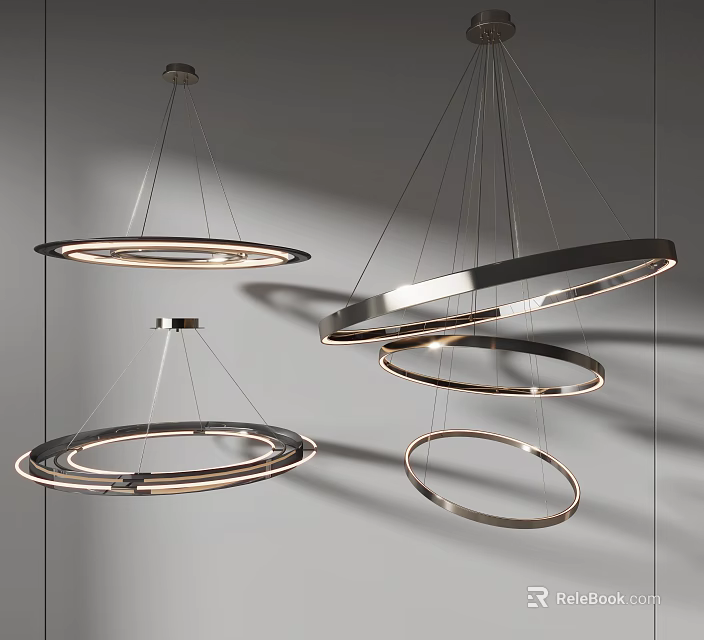 Modern Multiple Circular Ring Shaped Pendant Lights With Metal Frames And Illuminated Design 3d model