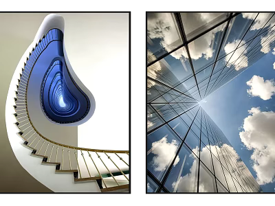Captivating Landscape With Spiral Staircase And Glass Structure Under Blue Sky White Clouds 3d model