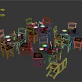 Wooden Dining Tables And Chairs Set With Round Tables Plates And Wine Bottles