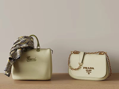 Stylish Gucci Beige Handbag and Prada Crossbody Bag with Plaid Scarf on Wooden Table 3d model