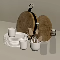 Stylish Dinnerware Set with White Plates Cups Wooden Utensils Cutting Boards Clear Glass Bottles