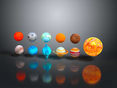Colorful Planet Models With Various Colors And Textures Arranged On Black Background With Reflections 3d model