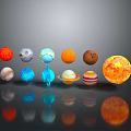 Colorful Planet Models With Various Colors And Textures Arranged On Black Background With Reflections