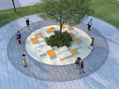 Circular Tree Pit Design With Orange White Seats And People Around Grass Paving 3d model