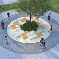 Circular Tree Pit Design With Orange White Seats And People Around Grass Paving