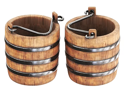 Two Practical Household Wooden Buckets With Metal Hoops And Sturdy Handles 3d model