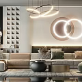 Modern Sofa And Coffee Table Combination With Decorative Pillows Hanging Chandeliers And Area Rug