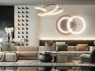 Modern Sofa And Coffee Table Combination With Decorative Pillows Hanging Chandeliers And Area Rug 3d model