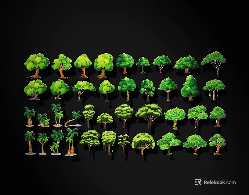 Various Green Tree Models in Different Shapes Arranged on Black Background 3d model