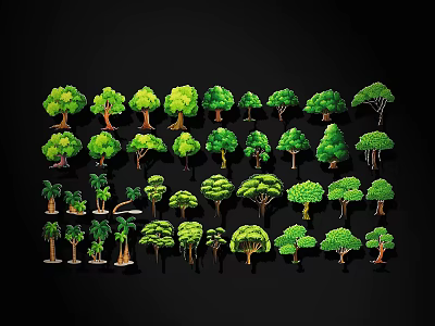 Various Green Tree Models in Different Shapes Arranged on Black Background 3d model