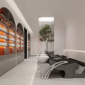 Modern Hotel Lobby Interior With Orange Chairs Large Artwork And Glass Partitions