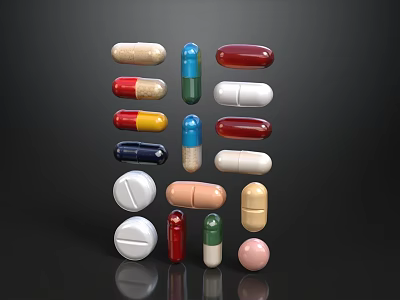 Pharmacy Medication Display With Various Colorful Pills And Different Shaped Capsules 3d model
