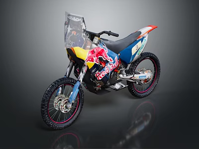 Red Bull Off Road Motorcycle With Blue Red Yellow Body And Off Road Tires 3d model