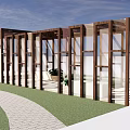 Wooden Pergola with Glass Panels Green Plants and Sunlight Shadow on Stone Floor