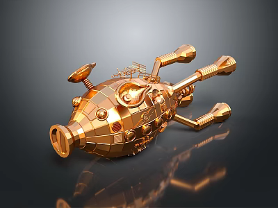 Golden Shiny Water Vehicle With Metallic Surface Round Windows And Protruding Structures 3d model