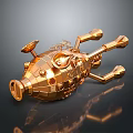 Golden Shiny Water Vehicle With Metallic Surface Round Windows And Protruding Structures