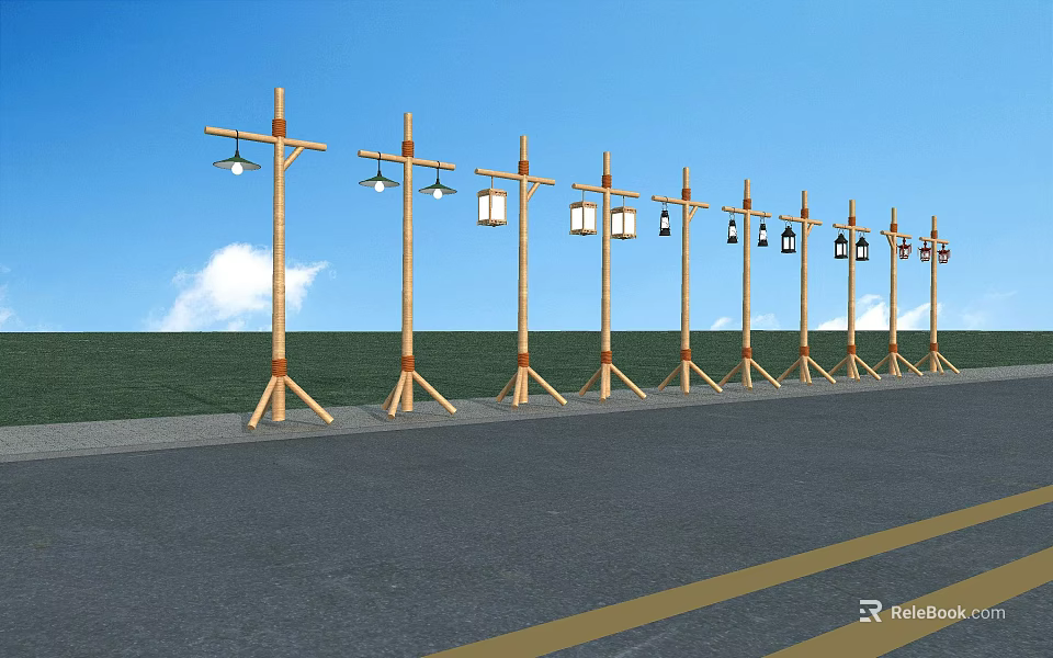 Outdoor Lights With Wooden Poles And Lantern Design Along Roadside Green Field 3d model 