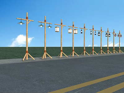 Outdoor Lights With Wooden Poles And Lantern Design Along Roadside Green Field 3d model