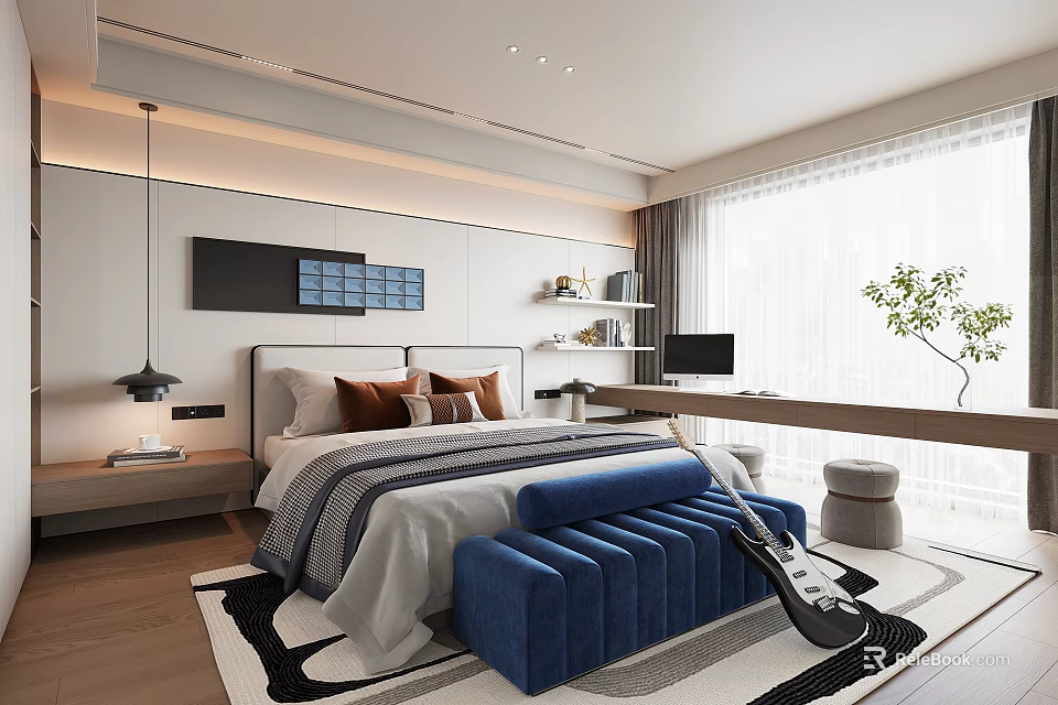 Modern Bedroom Interior Design With Bed Blue Bench Rug Window Plant And Shelf 3d model 