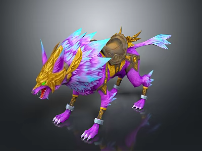 Mythical Fantasy Mount Creature with Purple Fur Blue Accents and Golden Armor for Heroic Characters 3d model