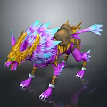 Mythical Fantasy Mount Creature with Purple Fur Blue Accents and Golden Armor for Heroic Characters