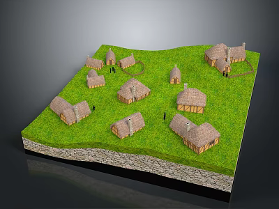 Ancient Village Model Featuring Multiple Thatched Roof Cottages On Green Grassy Area 3d model