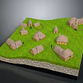 Ancient Village Model Featuring Multiple Thatched Roof Cottages On Green Grassy Area