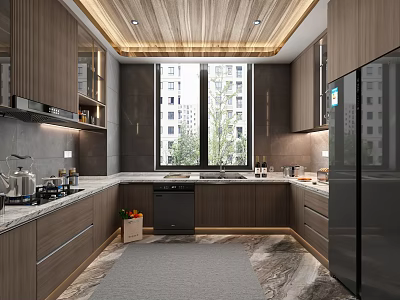Modern Kitchen Interior With Wooden Cabinets Marble Countertops And Stainless Steel Appliances 3d model